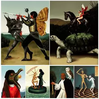 Стареющий Дьявол против. Сова, Дьявол против. Ретро настенная живопись маслом Дьявольская жизнь абстрактное искусство плакат 21cm30cm NoFrame