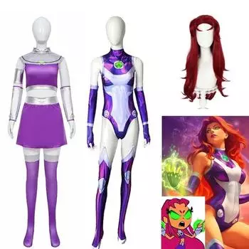 Starfire комбинезон супергероя зентай боди Хэллоуин аниме косплей костюм пикантные женские карнавальные наряды для вечеринок верхняя юбка плащ S&Starfire