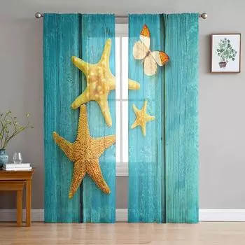 Starfish Butterfly Wood Grain Modern Tulle Curtains for Living Room Bedroom Home Kitchen Window Sheer Curtains 135W x 114H(cm)