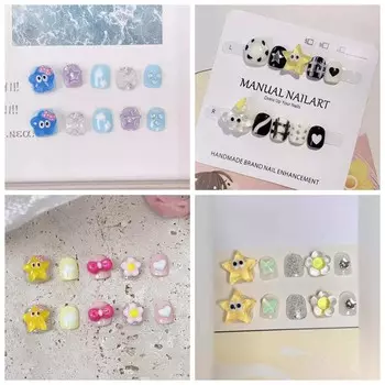 Starfish Children False Nails Short Square Shaped Kids Fake Nail Extension Manicure Material Black M