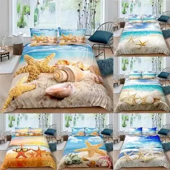 Starfish Duvet Cover Set KingQueen Size,Hawaii Tropical Landscape Duvet Cover,Beach Conch Print Comforter Cover For Kids Teens 70x133cm 2pcs