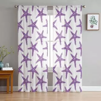 Starfish Texture Purple In Summer Sheer Curtains Living Room Window Tulle Curtains Bedroom Veiling Curtains Decor Luxury Drapes W135 x H114cm