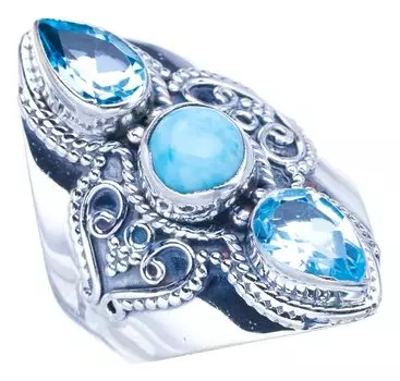 STARGEMS ® Кольцо из серебра 925 пробы с натуральным ларимаром и голубым топазом ручной работы 6,75 F2782