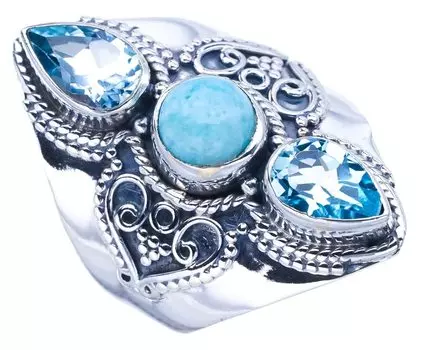STARGEMS ® Кольцо из серебра 925 пробы с натуральным ларимаром и голубым топазом ручной работы 7,75 F0684
