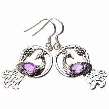 STARGEMS ® Серьги ручной работы из серебра 925 пробы с натуральным аметистом и павлином 1,75 дюйма D6803