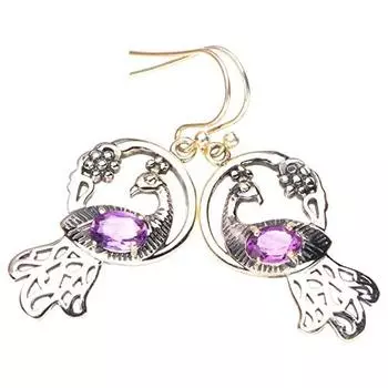 StarGems® Natural Amethyst Peacock Handmade 925 Sterling Silver Earrings 1.75 E3526-4