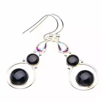 StarGems® Natural Black Onyx And Mystical Topaz Handmade 925 Sterling Silver Earrings 1.75 D3812