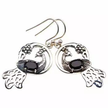 StarGems® Natural Black Onyx Peacock Handmade 925 Sterling Silver Earrings 1.75 D3809