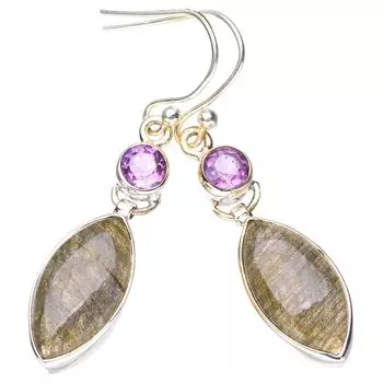 StarGems® Natural Blue Fire Labradorite Amethyst Handmade 925 Sterling Silver Earrings 1.75 E6166