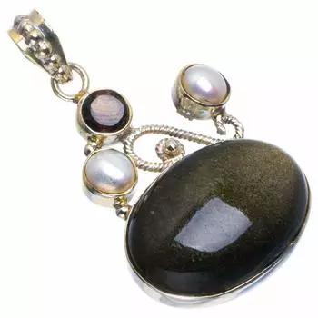 StarGems Natural Cat Eye,River Pearl and Black Onyx Handmade Unique 925 Sterling Silver Pendant 1.5 B4132