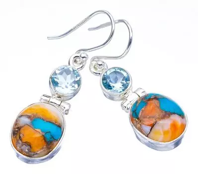 StarGems® Natural Copper Chalcedony Blue TopazHandmade 925 Sterling Silver Earrings 1.5 F5563