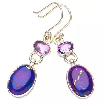 StarGems® Natural Copper Turquoise Amethyst Handmade 925 Sterling Silver Earrings 1.75 E6756