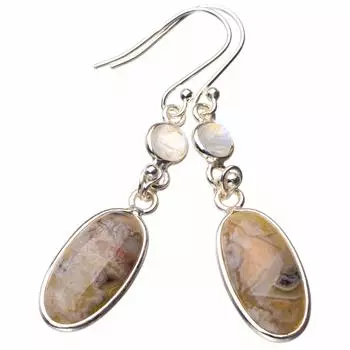 StarGems® Natural Crazy Lace Agte And Moonstone Handmade 925 Sterling Silver Earrings 2 D6946