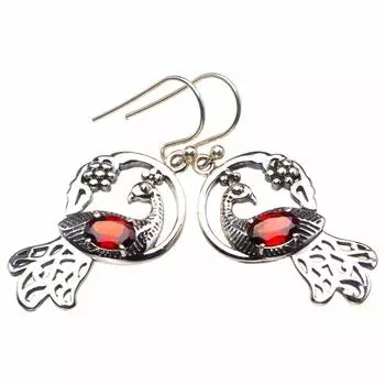 StarGems® Natural Garnet Peacock Handmade 925 Sterling Silver Earrings 1.75 D4019