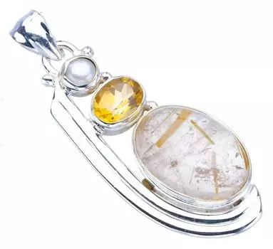 StarGems® Natural Golden Rutile Citrine And River PearlHandmade 925 Sterling Silver Pendant 1.75 F3943
