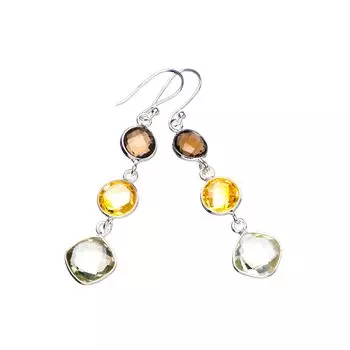 StarGems Natural Green Amethyst,Citrine And Smoky Quartz Handmade 925 Sterling Silver Earrings 2 E1919
