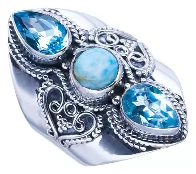 StarGems® Natural Larimar Blue Topaz Handmade 925 Sterling Silver Ring 5.75 F0898
