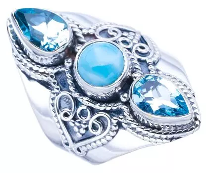 StarGems® Natural Larimar Blue TopazHandmade 925 Sterling Silver Ring 5.75 F0677