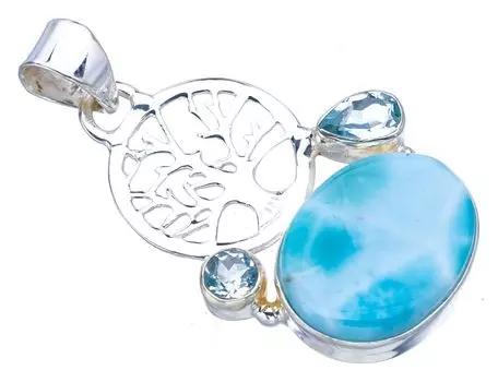 StarGems® Natural Larimar Tree Blue Topaz Handmade 925 Sterling Silver Pendant 1.5 F3522