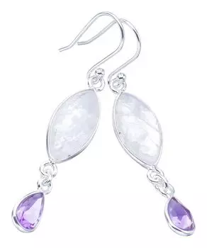 STARGEMS ® Серьги ручной работы из стерлингового серебра 925 пробы с натуральным лунным камнем и аметистом 2 дюйма F5987