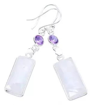 STARGEMS ® Серьги ручной работы из стерлингового серебра 925 пробы с натуральным лунным камнем и аметистом 1,75 дюйма F5947