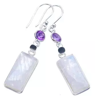STARGEMS ® Серьги ручной работы из стерлингового серебра 925 пробы с натуральным лунным камнем и аметистом 2 дюйма F5954
