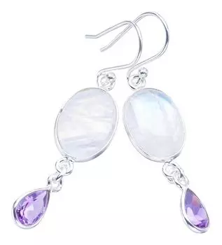 StarGems® Natural Moonstone AmethystHandmade 925 Sterling Silver Earrings 1.75 F5906