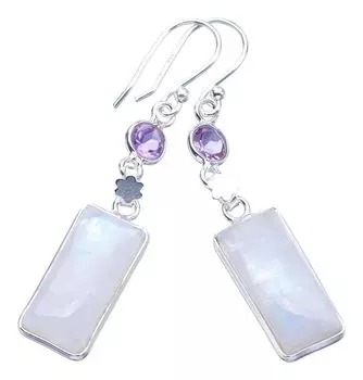 STARGEMS ® Серьги из серебра 925 пробы с натуральным лунным камнем и аметистом, 2 дюйма, ручной работы F5948
