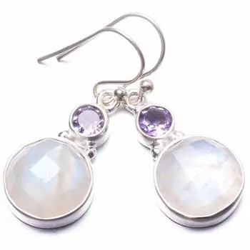 StarGems Natural Moonstone and Amethyst Handmade Unique 925 Sterling Silver Earrings 1.25 Y3756