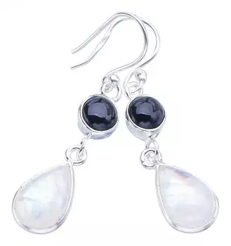 StarGems® Natural Moonstone Black OnyxHandmade 925 Sterling Silver Earrings 1.75 F5944