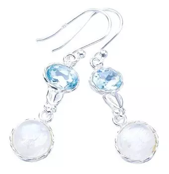 StarGems® Natural Moonstone Blue Topaz Handmade 925 Sterling Silver Earrings 1.5 F5970