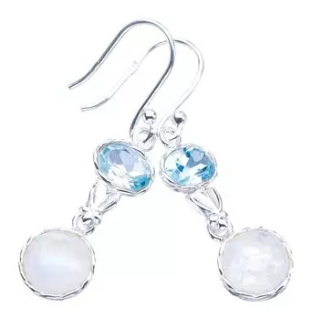 StarGems® Natural Moonstone Blue Topaz Handmade 925 Sterling Silver Earrings 1.5 F5965