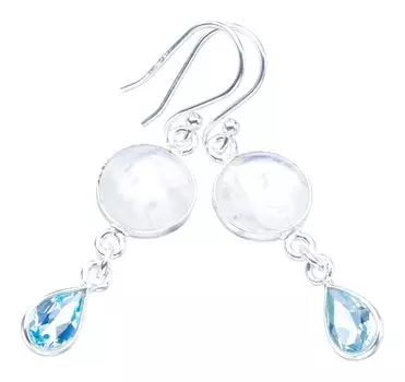 StarGems® Natural Moonstone Blue Topaz Handmade 925 Sterling Silver Earrings 1.5 F5989