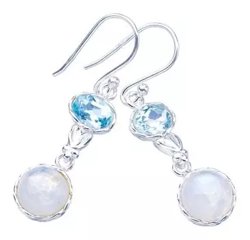 StarGems® Natural Moonstone Blue Topaz Handmade 925 Sterling Silver Earrings 1.5 F5968