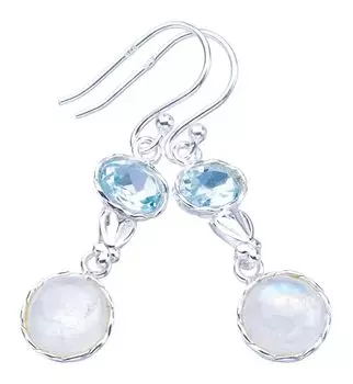StarGems® Natural Moonstone Blue Topaz Handmade 925 Sterling Silver Earrings 1.5 F5969