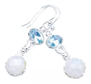 StarGems® Natural Moonstone Blue Topaz Heart Handmade 925 Sterling Silver Earrings 1.5 F5992