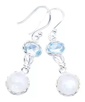 StarGems® Natural Moonstone Blue Topaz Heart Handmade 925 Sterling Silver Earrings 1.5 F5988