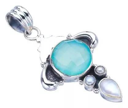 STARGEMS ® Натуральный халцедон с речным жемчугом Рога, подвеска ручной работы из стерлингового серебра 925 пробы 1,75 дюйма F3977