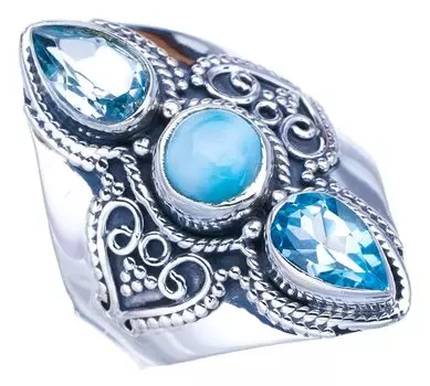 STARGEMS ® Натуральный ларимар с голубым топазом. Кольцо ручной работы из стерлингового серебра 925 пробы 7,75 F2795