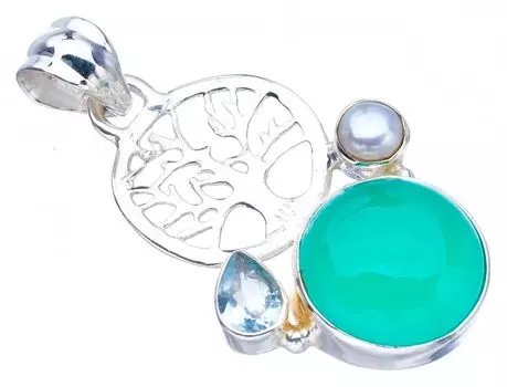 STARGEMS ® Натуральный речной жемчуг хризопраз, голубое топазовое дерево, кулон ручной работы из стерлингового серебра 925 пробы 1,75 дюйма F3672