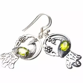 StarGems® Natural Peridot Peacock Handmade 925 Sterling Silver Earrings 1.75 E0527