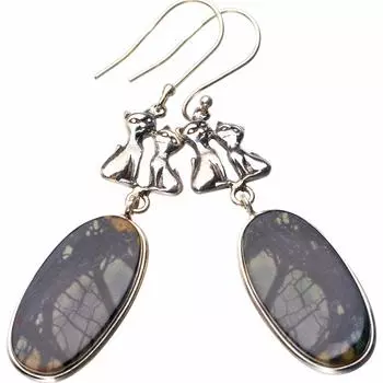 StarGems® Natural Picasso Jasper Cat Handmade 925 Sterling Silver Earrings 2.5 D6886