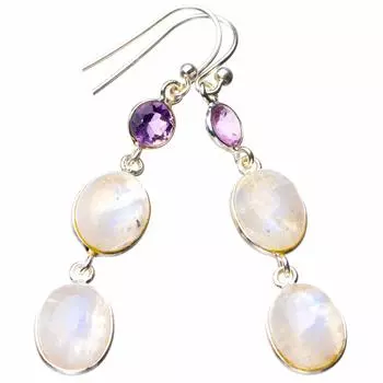 StarGems® Natural Rainbow Moonstone And Amethyst Handmade 925 Sterling Silver Earrings 2 D7256