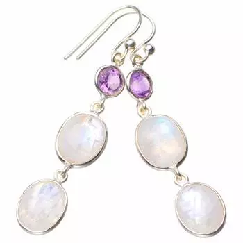 StarGems® Natural Rainbow Moonstone And Amethyst Handmade 925 Sterling Silver Earrings 2 D6521