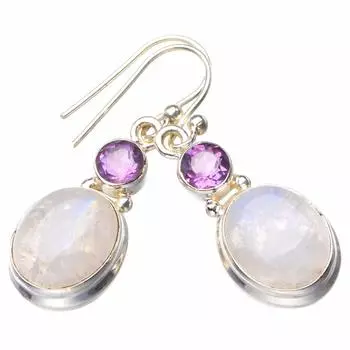 StarGems® Natural Rainbow Moonstone And Amethyst Handmade 925 Sterling Silver Earrings 1.5 D6503