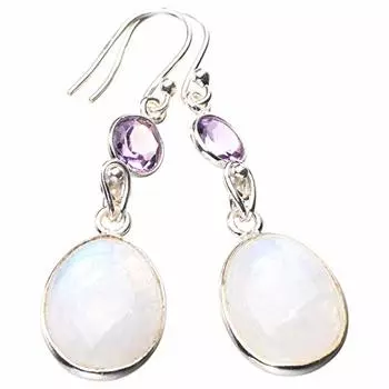 StarGems® Natural Rainbow Moonstone And Amethyst Handmade 925 Sterling Silver Earrings 1.75 E1423