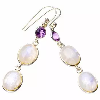 StarGems® Natural Rainbow Moonstone And Amethyst Handmade 925 Sterling Silver Earrings 2 D7254