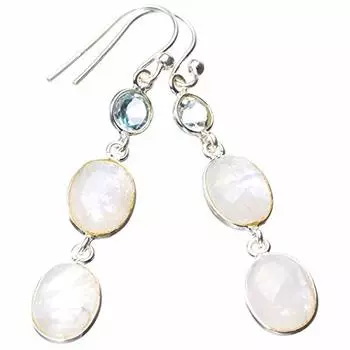 STARGEMS ® Серьги ручной работы из стерлингового серебра 925 пробы с натуральным радужным лунным камнем и голубым топазом 2 дюйма E0893