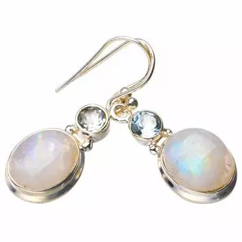 StarGems® Natural Rainbow Moonstone And Blue Topaz Handmade 925 Sterling Silver Earrings 1.25 D7394