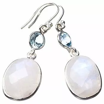 StarGems® Natural Rainbow Moonstone And Blue Topaz Handmade 925 Sterling Silver Earrings 1.75 E0836